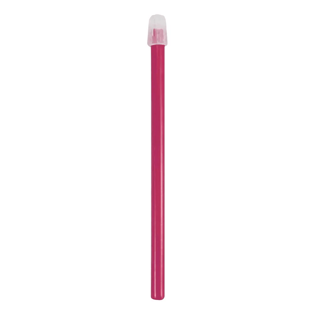 Ein langer, schmaler Speichelsauger in Pink mit einer transparenten Schutzkappe.