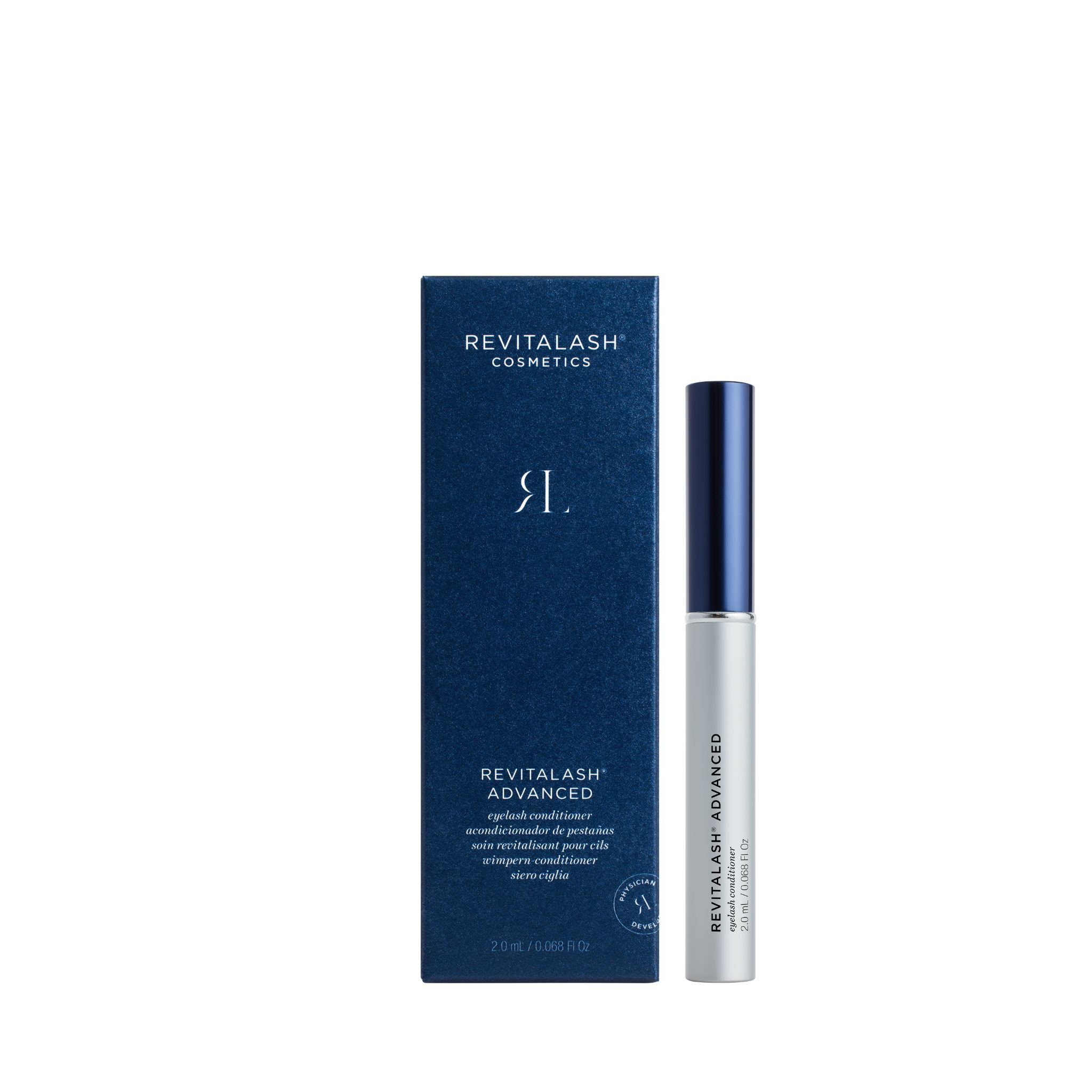 RevitaLash Advanced Wimpern-Conditioner und Verpackung. Flasche mit blauem Deckel und silbernem Körper. Blaue Schachtel mit Produktnamen.