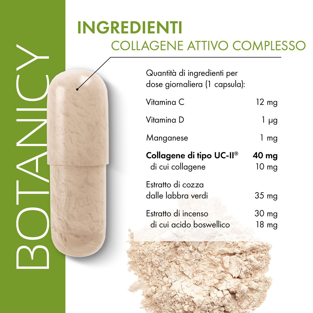 Capsula e ingredienti. Testo: Vitamina C, D, Manganese, collagene UC-II, estratto di cozza verde, estratto di incenso. Marchio: Botanicy.