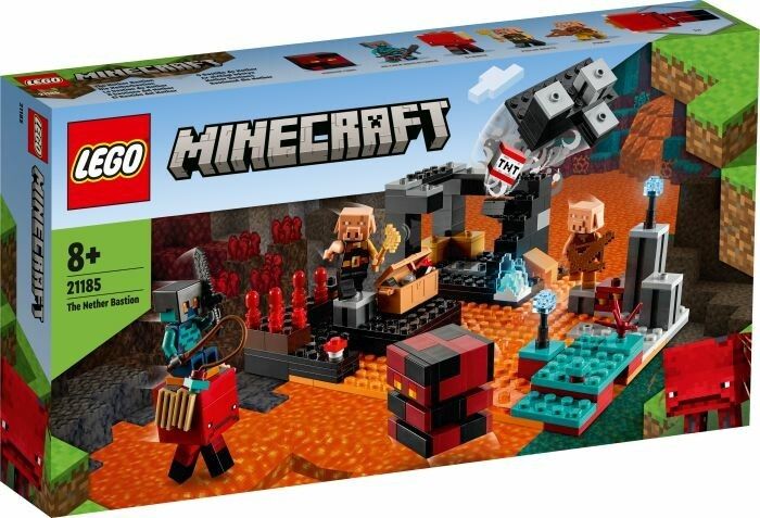 LEGO Minecraft Il Bastione del Nether. Scatola con personaggi e elementi. Età consigliata 8+. Include blocco TNT.