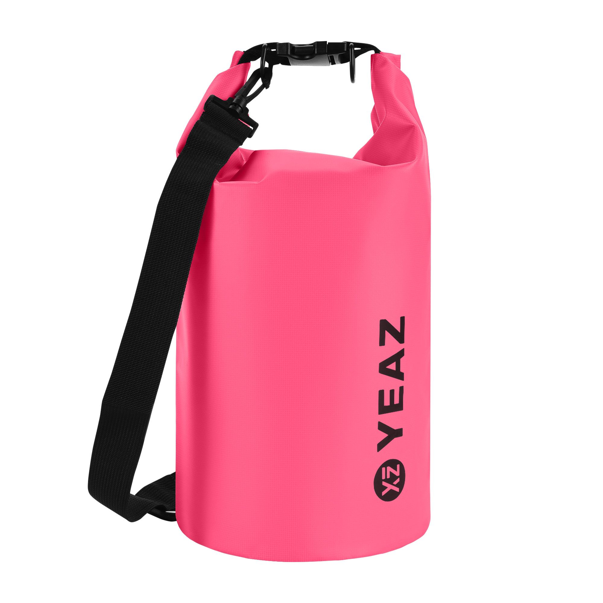 Pinkfarbener Packsack mit schwarzem Schultergurt. Aufgedrucktes YEAZ-Logo. Wasserdichtes Design.