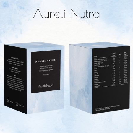 Zwei quadratische Schachteln mit schwarzer Beschriftung. Aufschrift: Muscles & Bones, Aureli Nutra, 90 Kapseln. Blaue Akzente.
