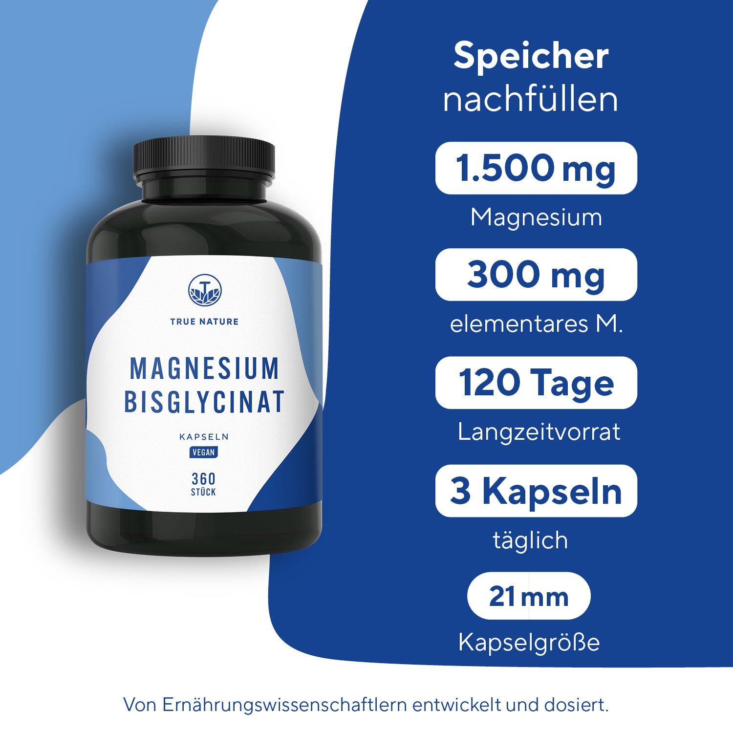 TRUE NATURE® Magnesium Kapseln - Magnesium Bisglycinat (Magnesium Glycinat)