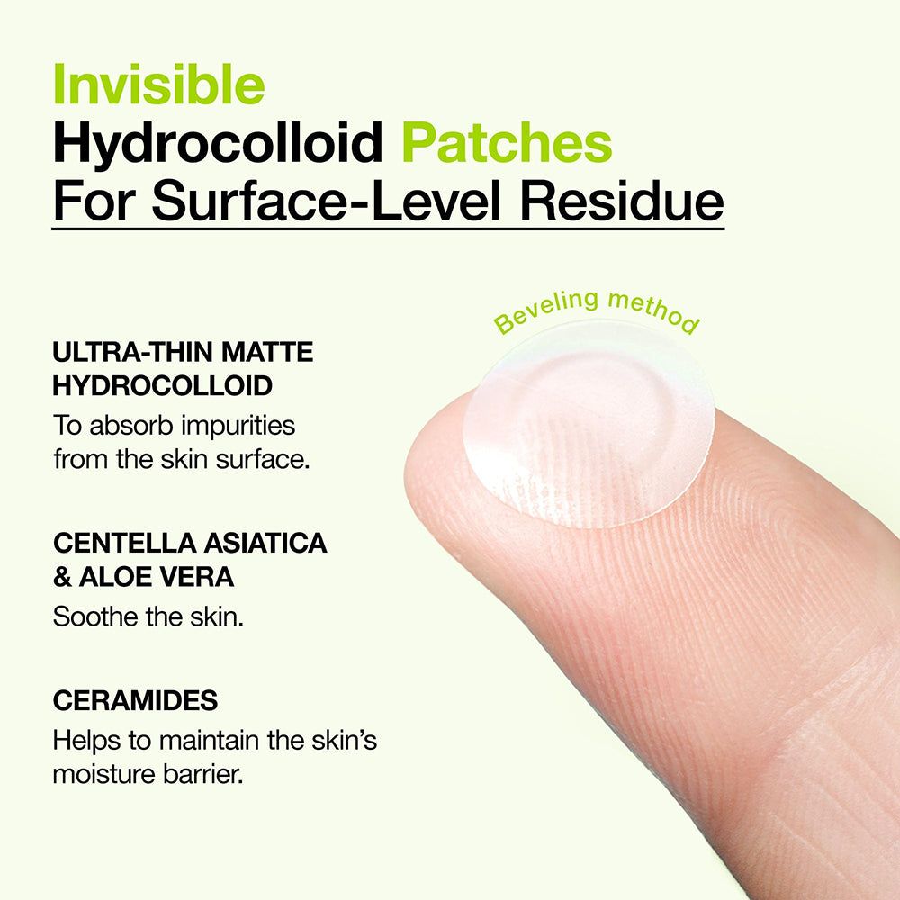 Ultra-dünne, matte Hydrokolloid-Pflaster zur Aufnahme von Hautunreinheiten. Mit Centella Asiatica, Aloe Vera und Ceramiden.