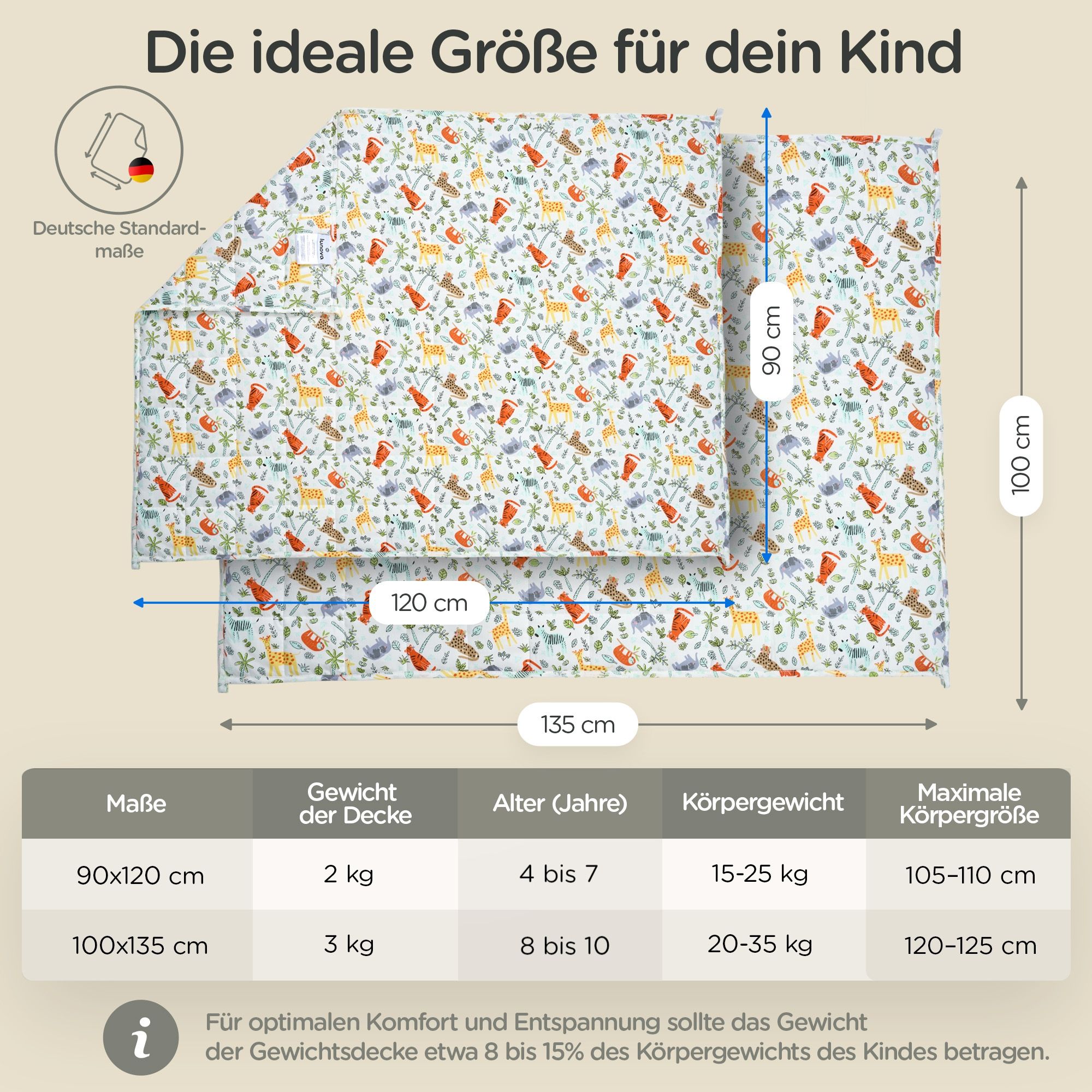 LUNOVA Gewichtsdecke Kinder 2kg Tierwelt 90x120cm - Oekotex-Baumwolle Therapiedecke WeightedBlanket