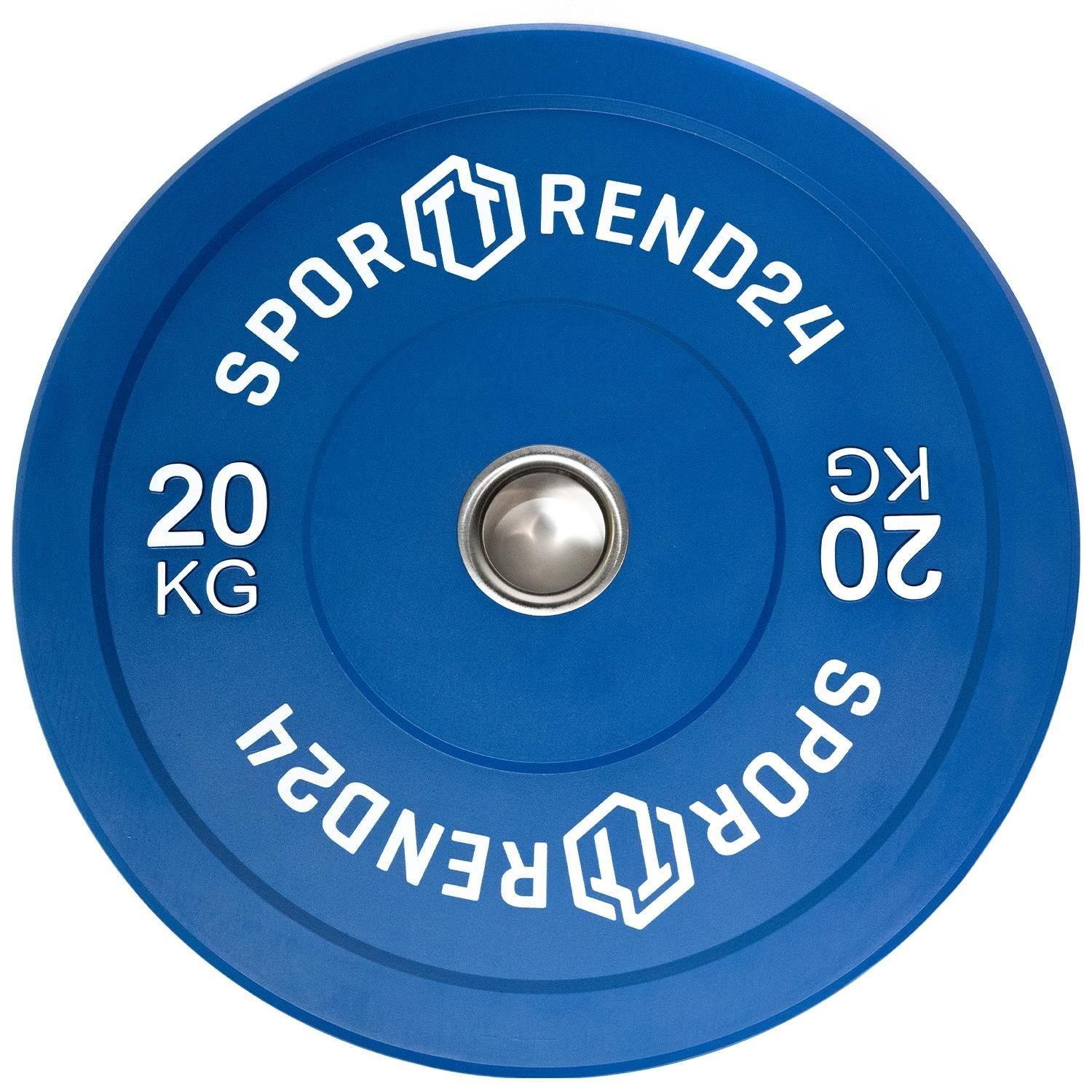Blaue Sporttrend24 Bumper Plate. Gewicht: 20 kg. Aufschrift: Sporttrend24. Mittiges Loch für die Stange.
