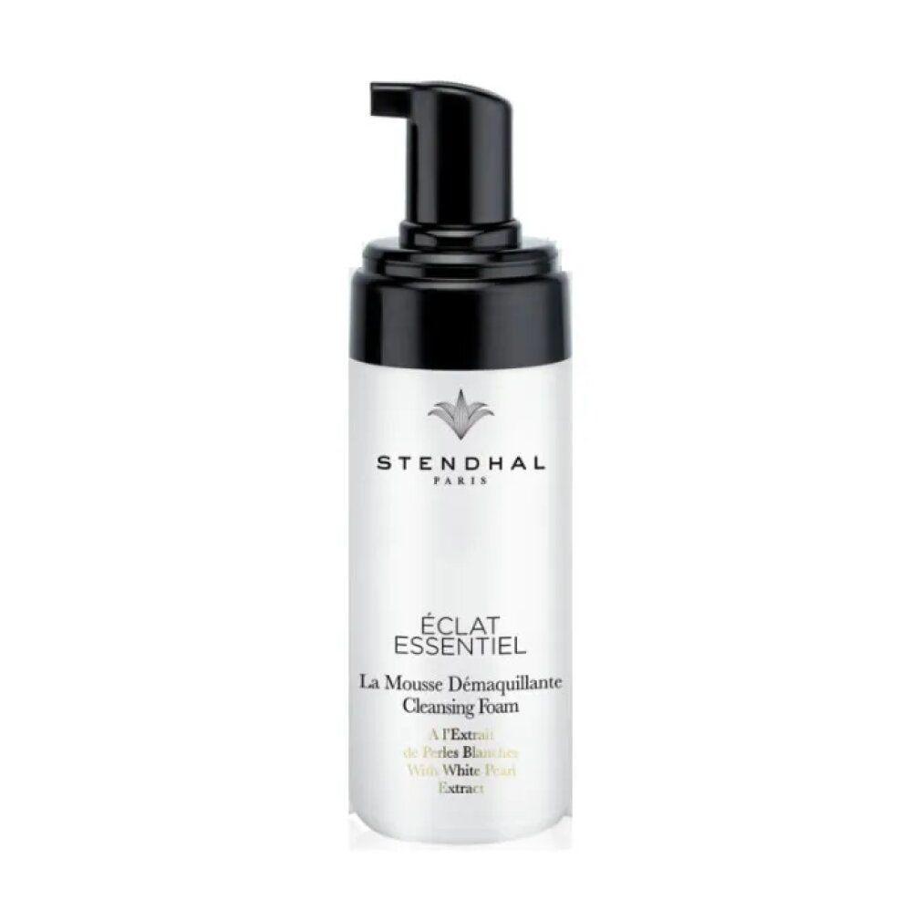 Weißes Fläschchen mit schwarzem Pumpkopf. Aufschrift: Stendhal Paris, Éclat Essentiel, La Mousse Demaquillante Cleansing Foam.