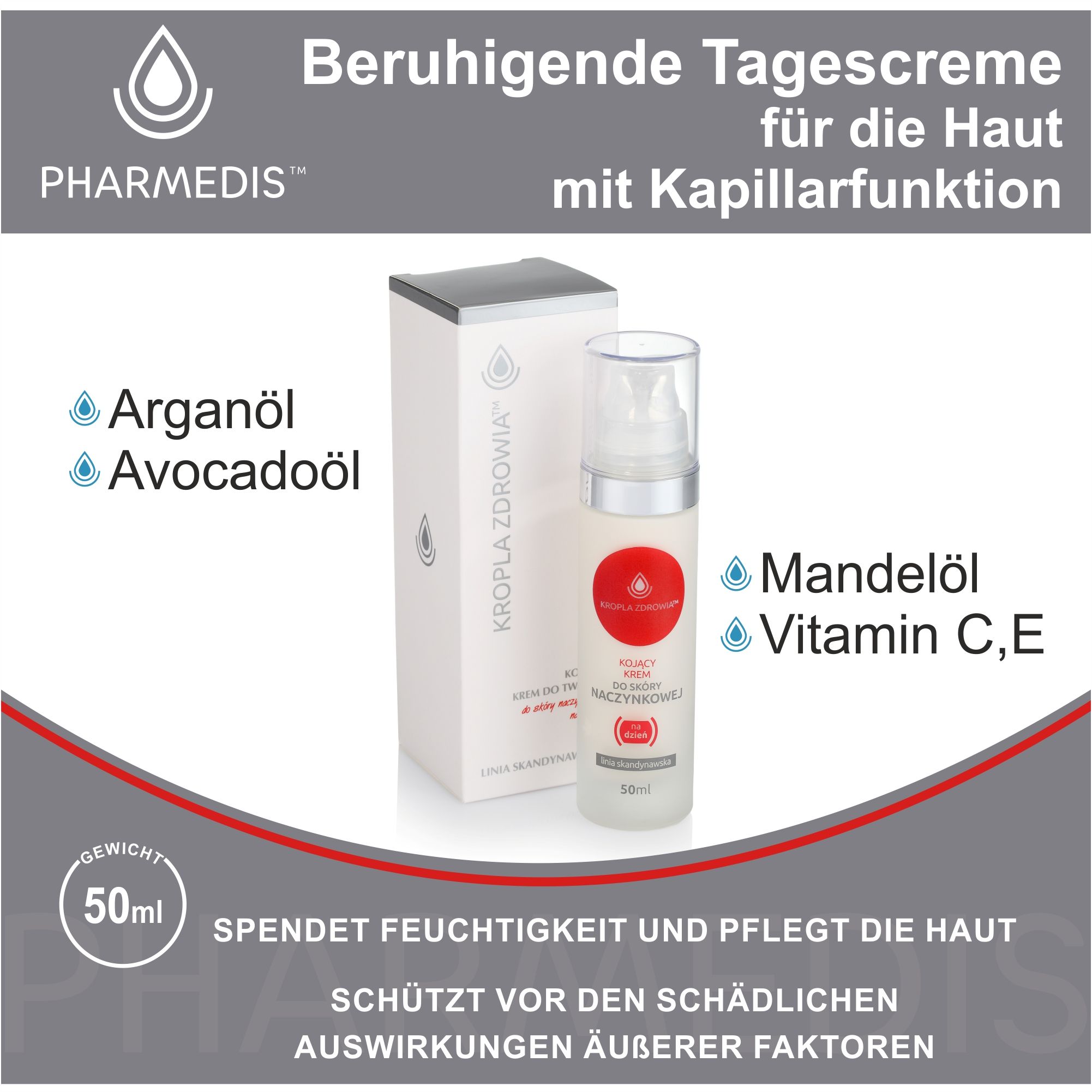 Creme-Flakon und Schachtel. Text: Beruhigende Tagescreme für die Haut mit Kapillarfunktion. Aufschrift: Kropla Zdrowia. 50ml. Inhaltsstoffe: Arganöl, Avocadoöl, Mandelöl, Vitamine.