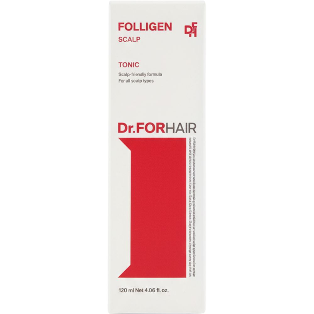 Hohe, weiße Verpackung. Text: Folligen Scalp Tonic, Dr. FORHAIR. Roter Streifen. 120 ml.