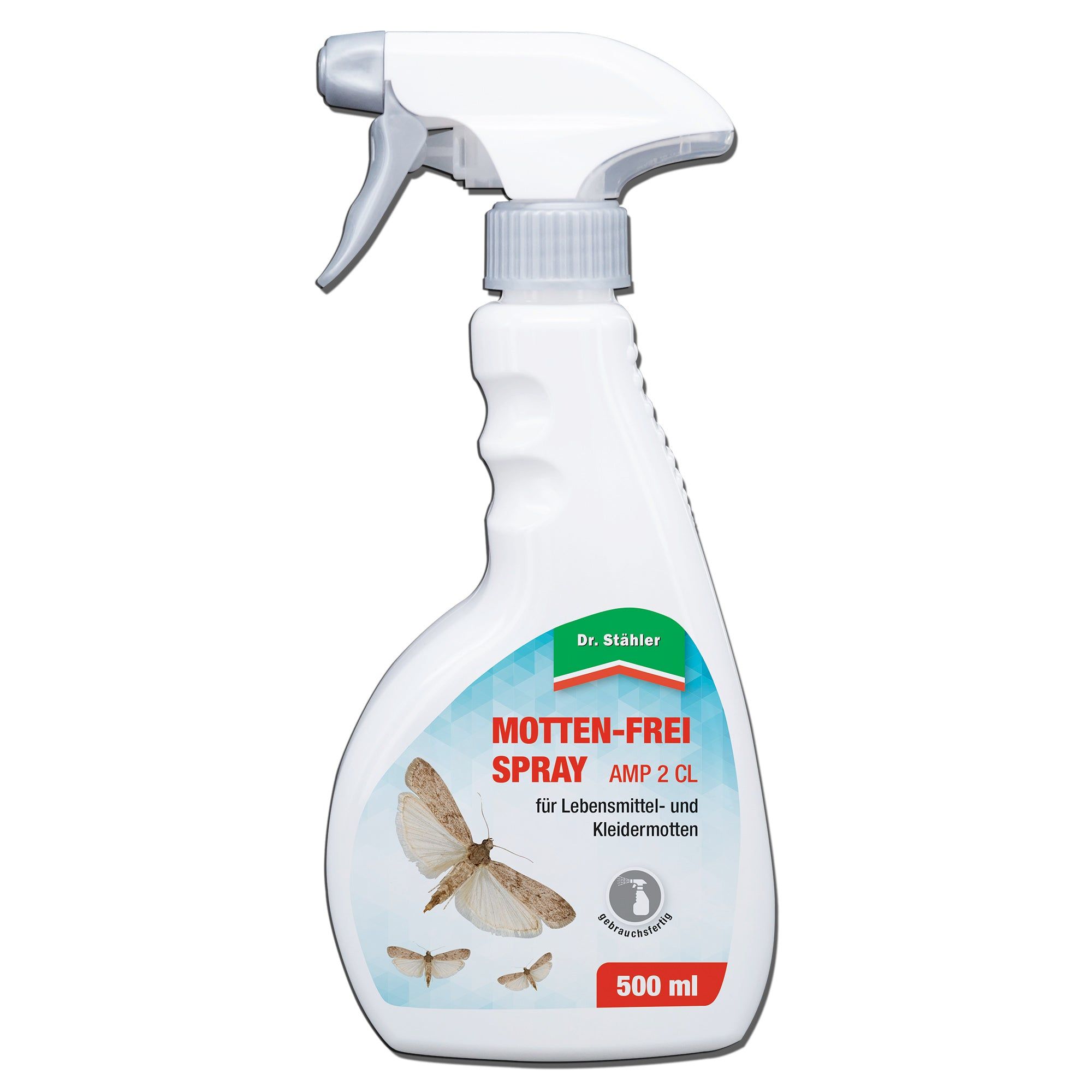 Weiße Sprühflasche mit grauem Sprühkopf. Aufschrift: MOTTEN-FREI SPRAY, AMP 2 CL. Für Lebensmittel- und Kleidermotten. 500 ml.