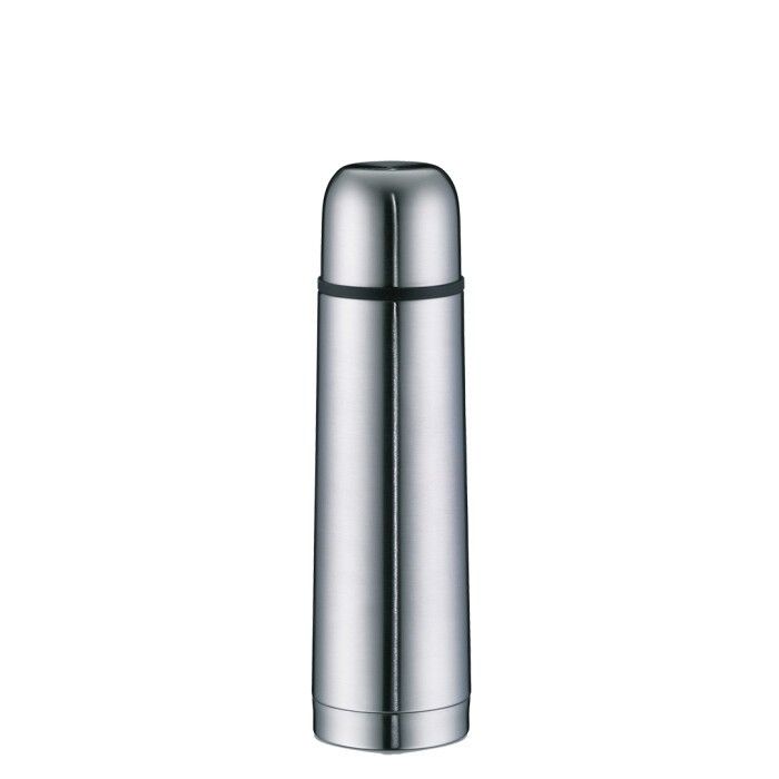 Isolierflasche aus Edelstahl. Zylindrische Form mit Schraubverschluss. Schwarzer Ring am Hals.
