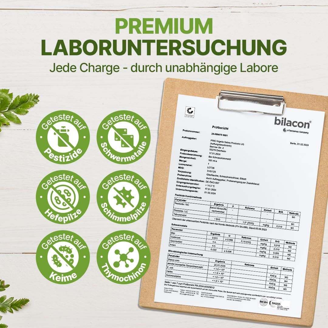 Klemmbrett mit Laborbericht und Siegeln: Pestizide, Schwermetalle, Hefepilze, Schimmelpilze, Keime, Thymochinon. Bilacon-Logo.