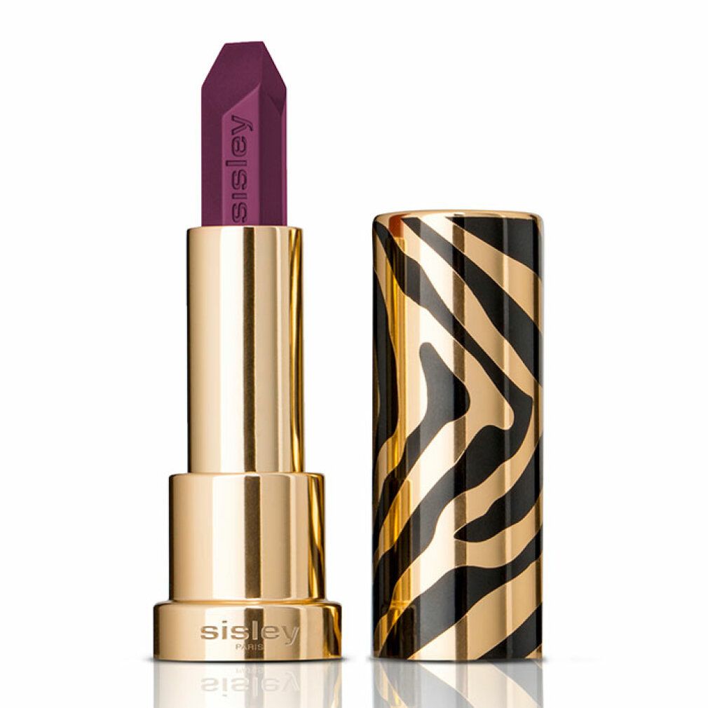 Lippenstift mit goldfarbenem Gehäuse und Zebrastreifen-Muster. Der Lippenstift ist geöffnet und zeigt eine violette Spitze mit Sisley-Logo.