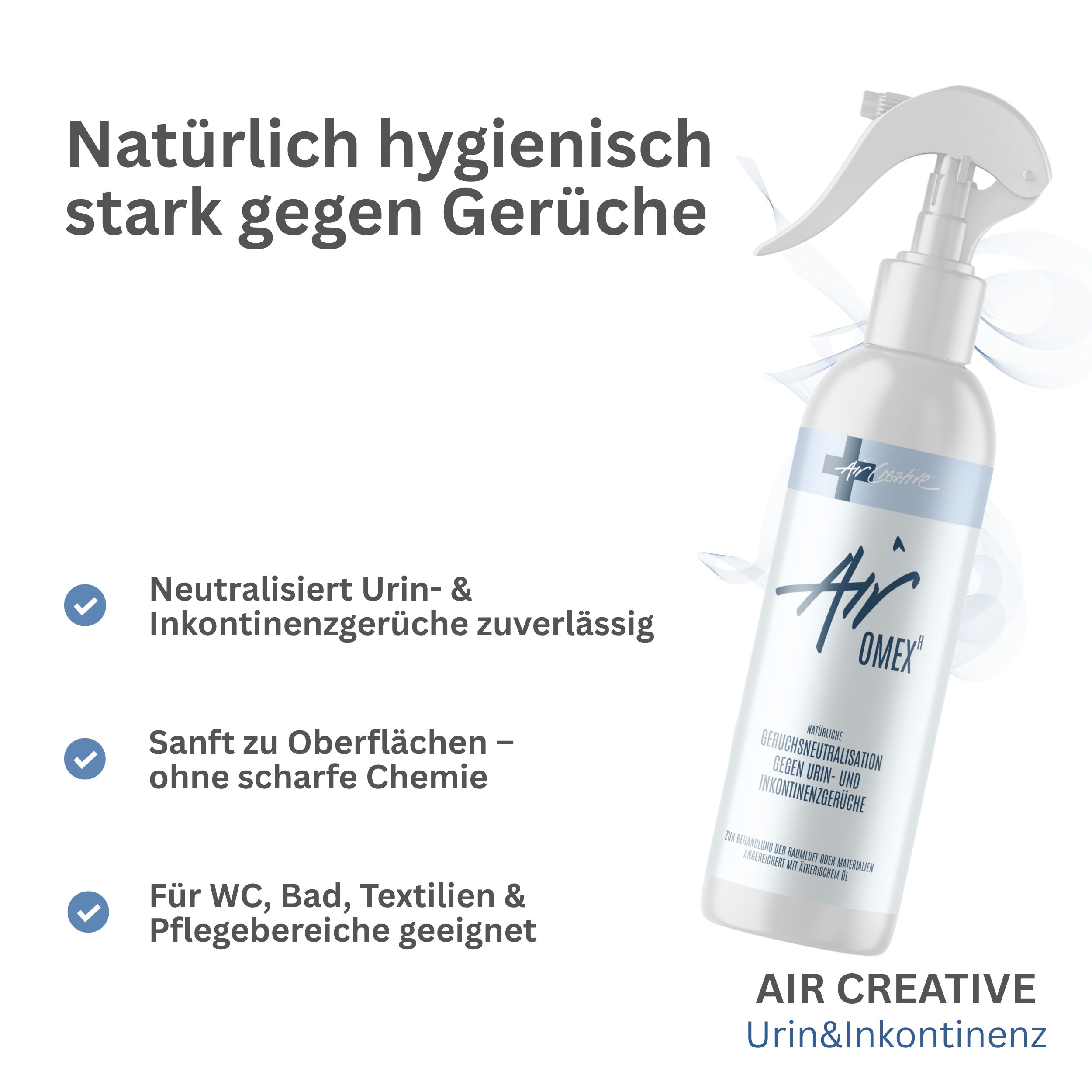Weiße Sprühflasche mit Air Creative Airomex-Logo. Text: Neutralisiert Urin- & Inkontinenzgerüche. Geeignet für WC, Bad, Textilien.