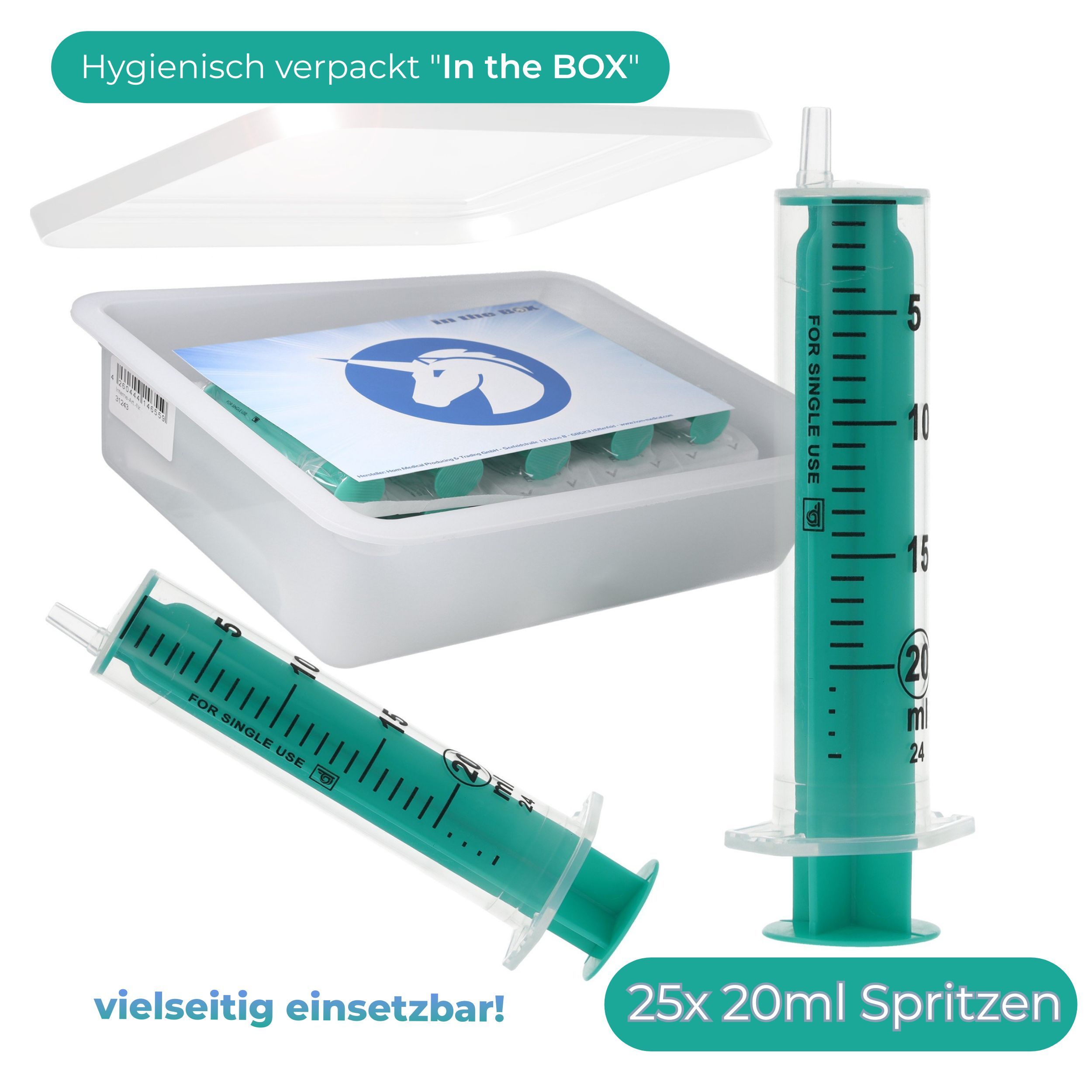 Grüne Spritze mit Skala, transparentem Zylinder und Kolben. In einer weißen Box mit Deckel. Text: 25x 20ml Spritzen, vielseitig einsetzbar.