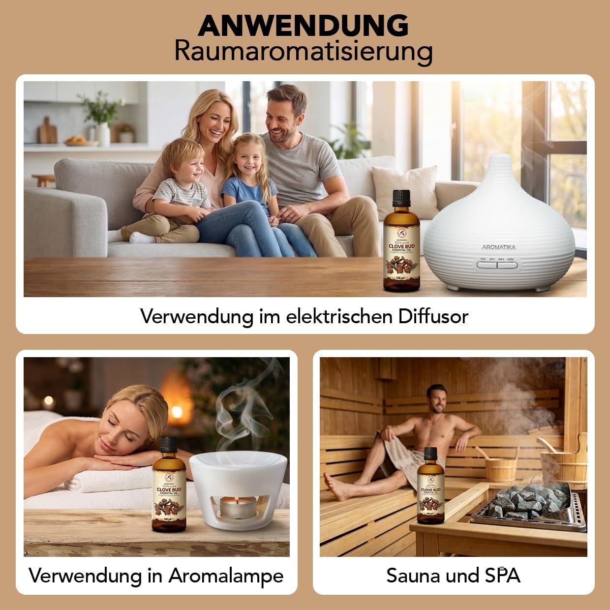 Anwendung von Clove Bud Essential Oil in Diffusor, Aromalampe und Sauna.