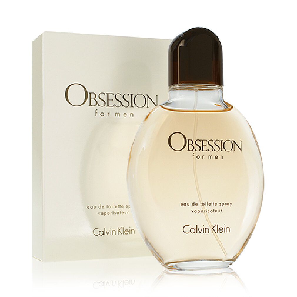 Calvin Klein Obsession for Men Eau de Toilette Spray. Flakon und Verpackung. Hellbraune Flüssigkeit, schwarzer Deckel.
