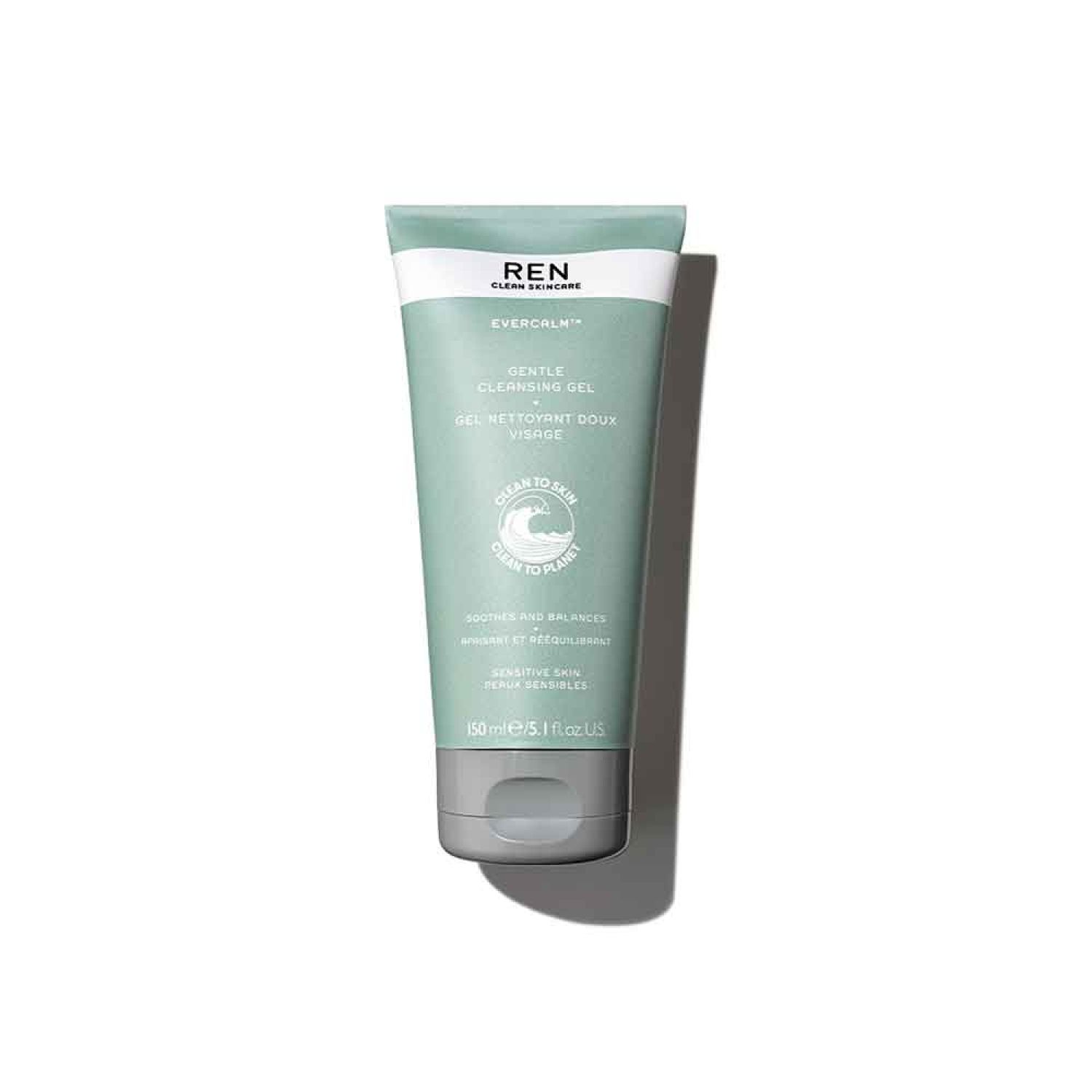 Grüne Tube mit weißer Schrift. Enthält "REN CLEAN SKINCARE" und "EVERCALM Gentle Cleansing Gel".