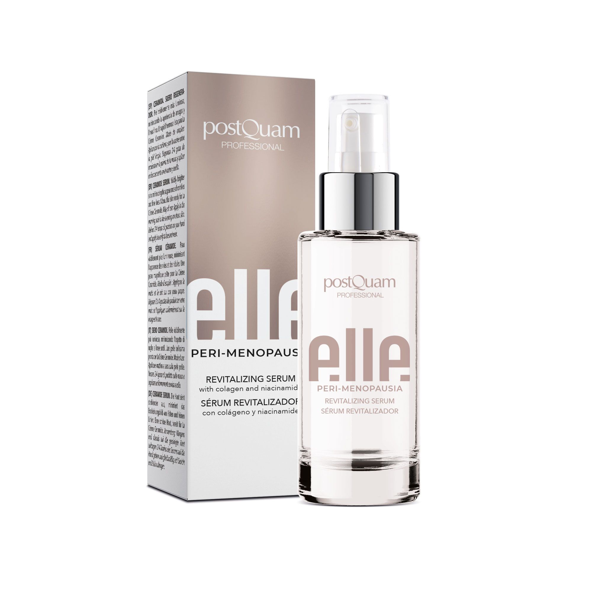 Serumflasche und Verpackung. Aufschrift: PostQuam Professional, elle, Peri-Menopausia, Revitalisierendes Serum.