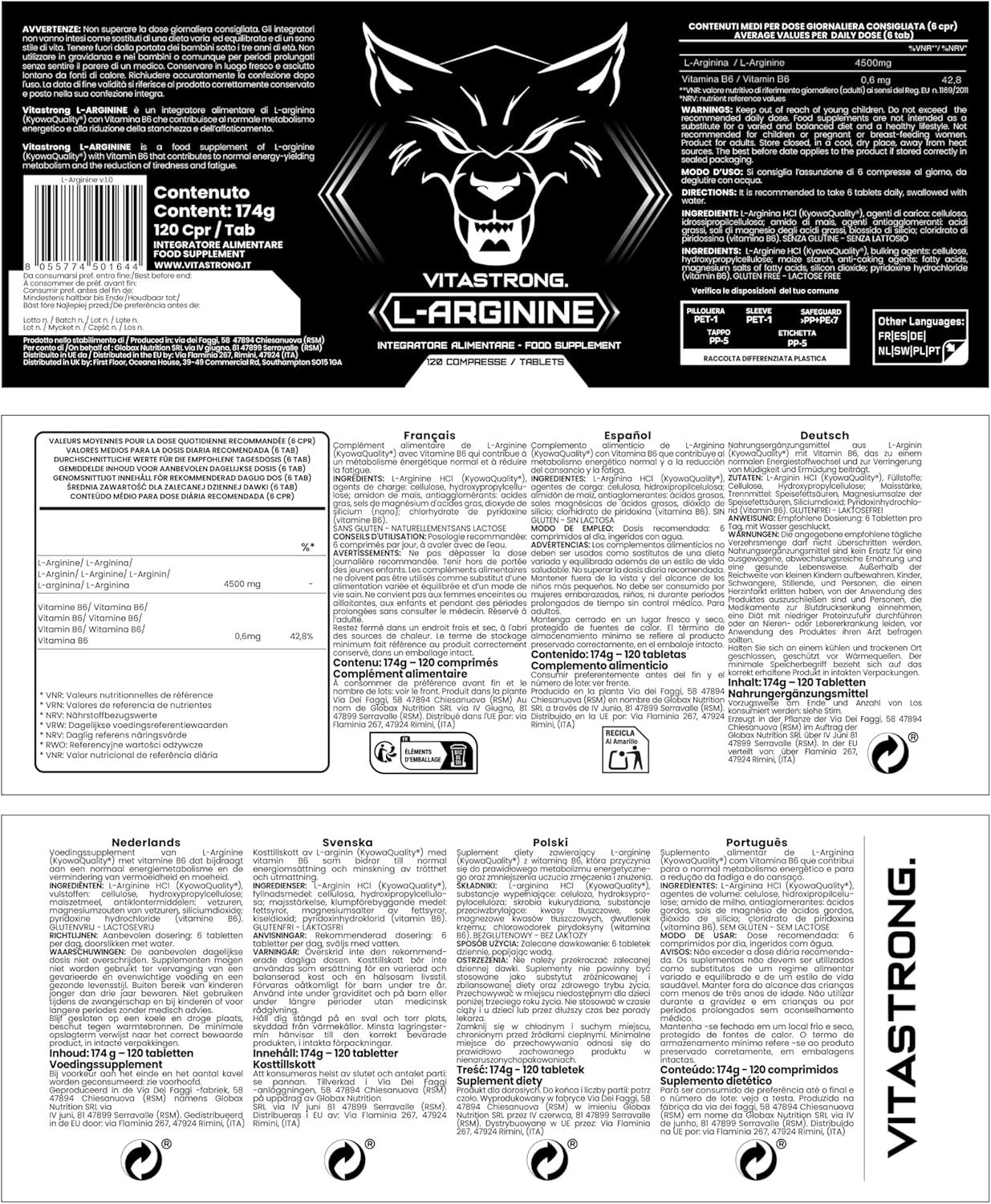 Etikett einer Vitastrong L-Arginin-Flasche. Enthält Informationen zu Inhaltsstoffen, Dosierung und Warnhinweisen in mehreren Sprachen.