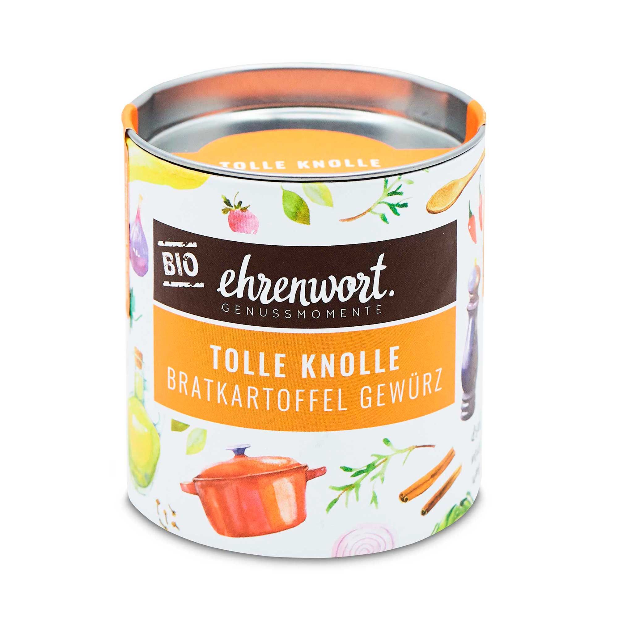 Zylindrische Dose mit "ehrenwort"-Gewürz. Aufschrift: "Tolle Knolle Bratkartoffel Gewürz". Bio-Siegel. Illustrationen von Gemüse und Kochutensilien.