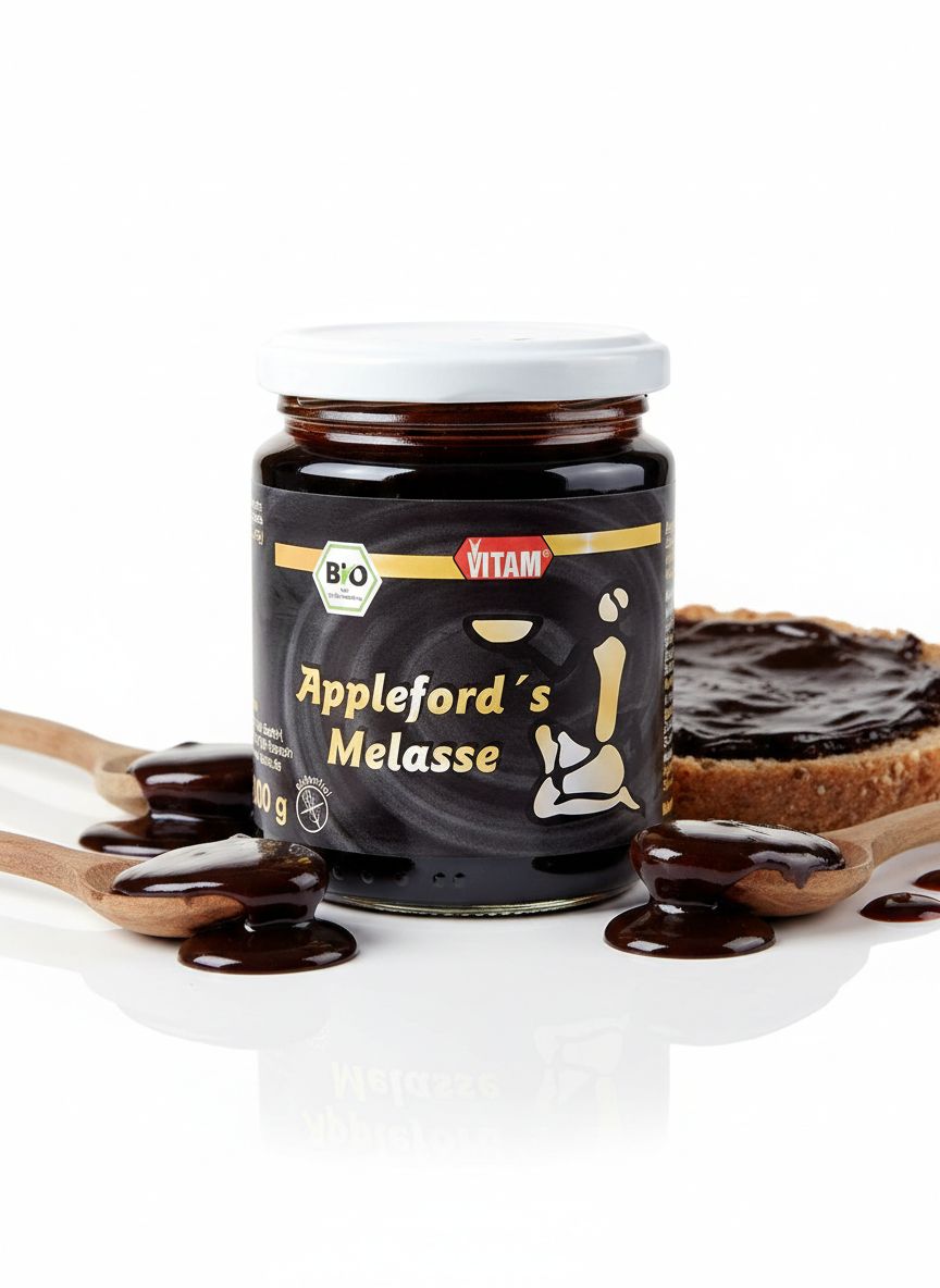 Glas Vitam Appleford's Melasse mit Holzspateln und Toast, isoliert auf weißem Hintergrund.