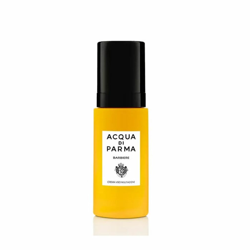 Gelbe Flasche mit schwarzem Deckel. Aufkleber mit "Acqua di Parma" und Text. Produktname: Multi Action Face Cream.