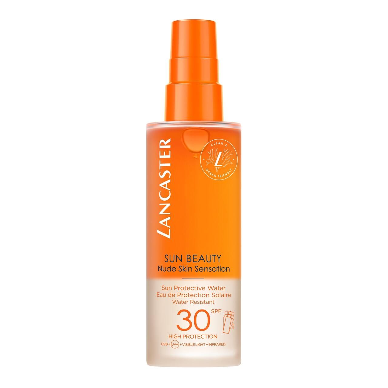 Lancaster Sun Beauty Protective Water SPF30. Orangefarbene Flasche mit Sprühkopf. Vegan-Logo. Text: Nude Skin Sensation, SPF 30.