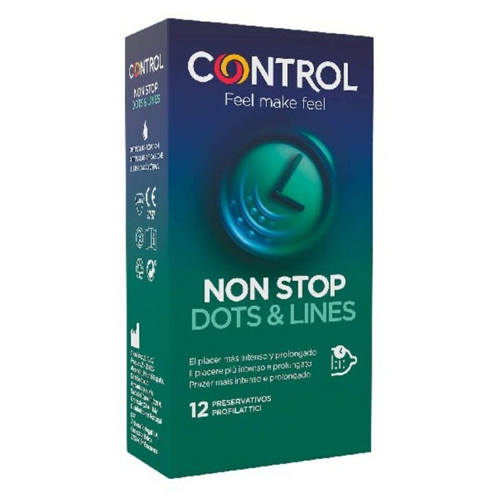 Verpakking van Control Non Stop Dots & Lines. Bevat 12 condooms. Opschrift: Feel make feel.