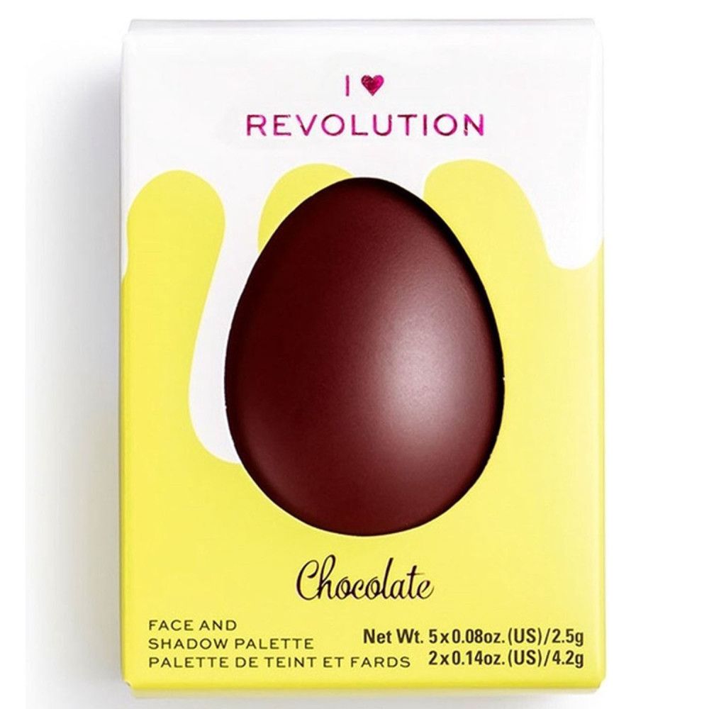 Gesichts- und Lidschattenpalette in Eiform. Verpackung mit gelbem Hintergrund und Schokoladen-Optik. Text: I Heart Revolution, Chocolate.