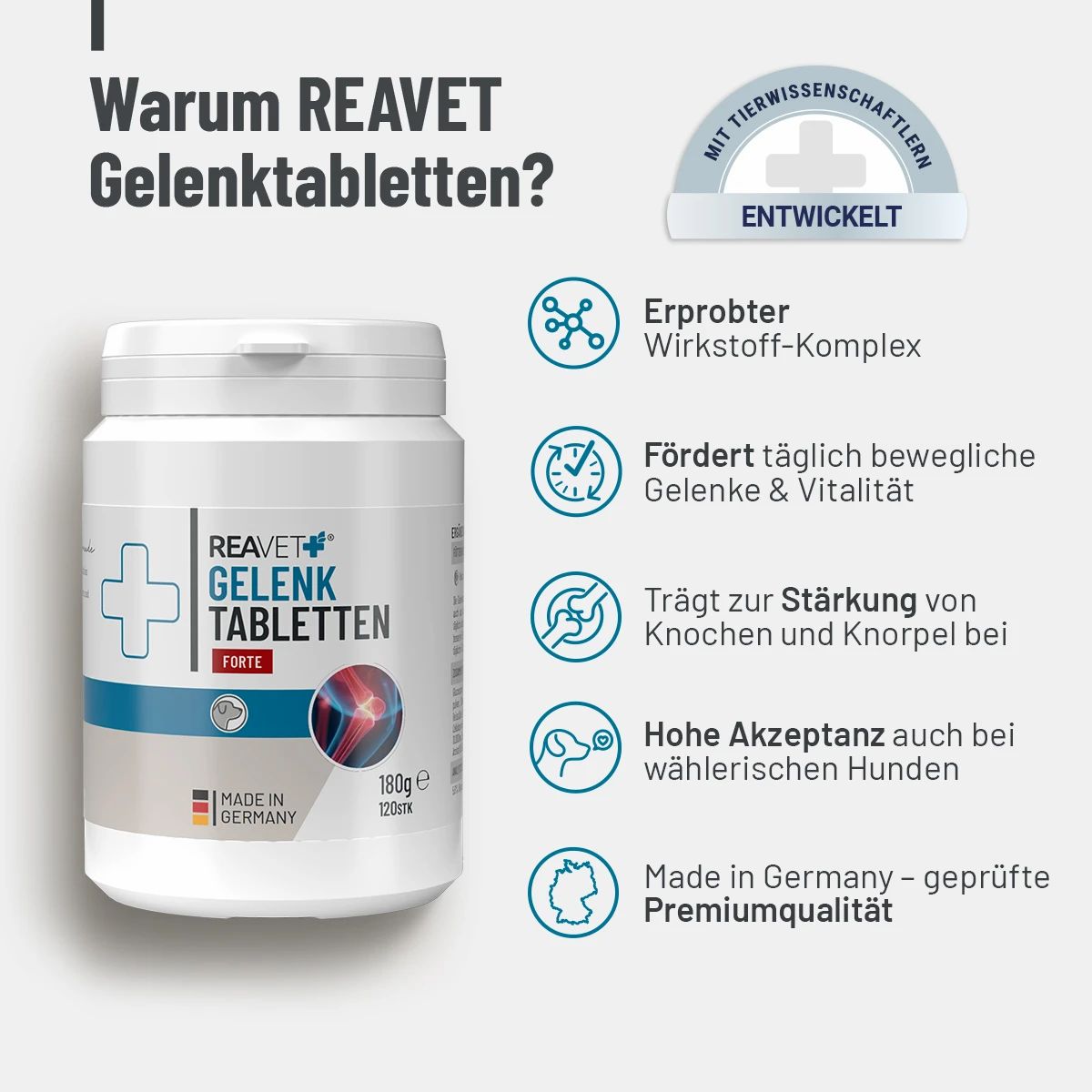 Weiße Dose mit REAVET Gelenktabletten Forte. Aufschrift: 180g, 120 Stück. Logo: Kreuz. Made in Germany. Informationen zu Inhaltsstoffen und Wirkung.