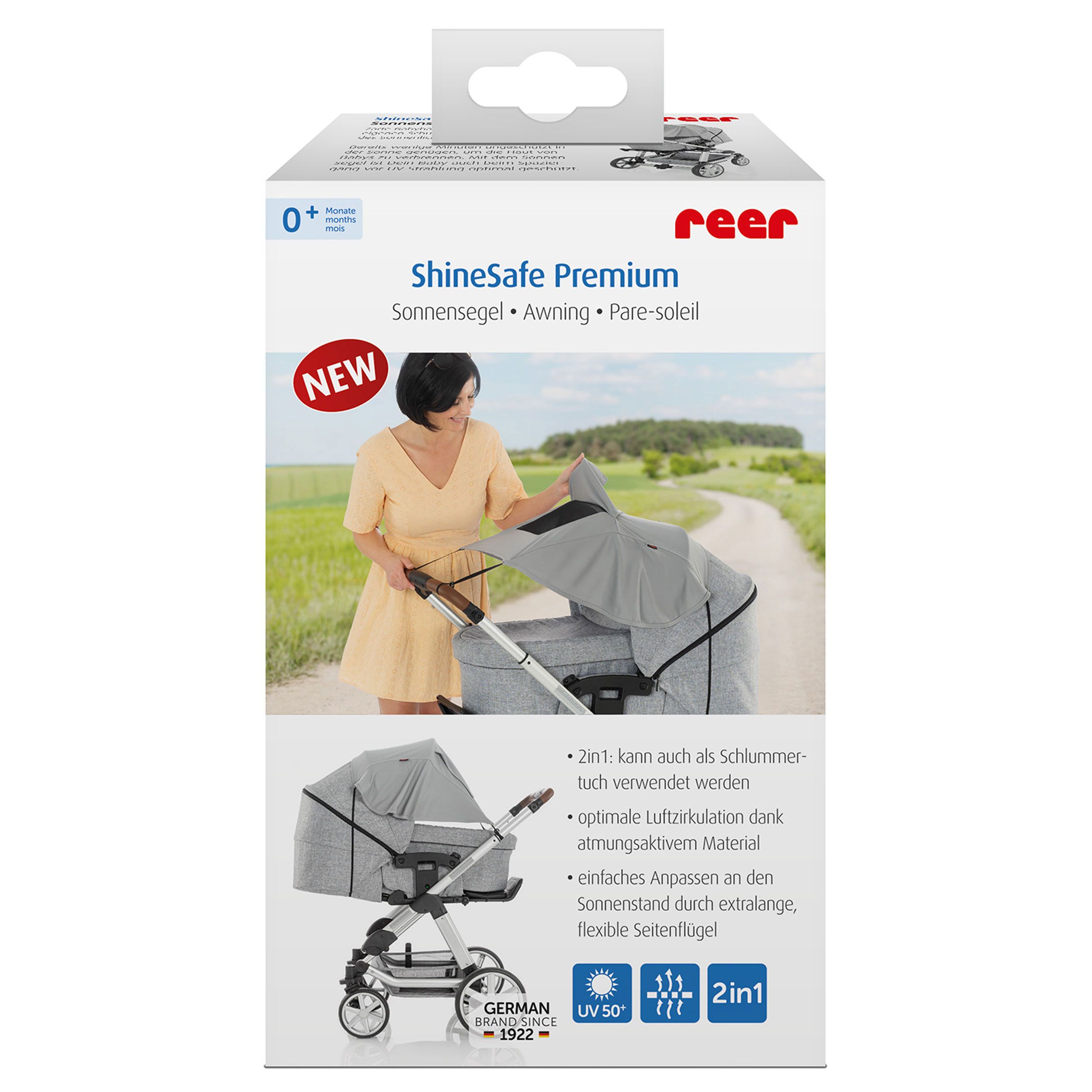 Reer ShineSafe Premium Sonnensegel für Kinderwagen, grau, mit UV-Schutz 50+.
