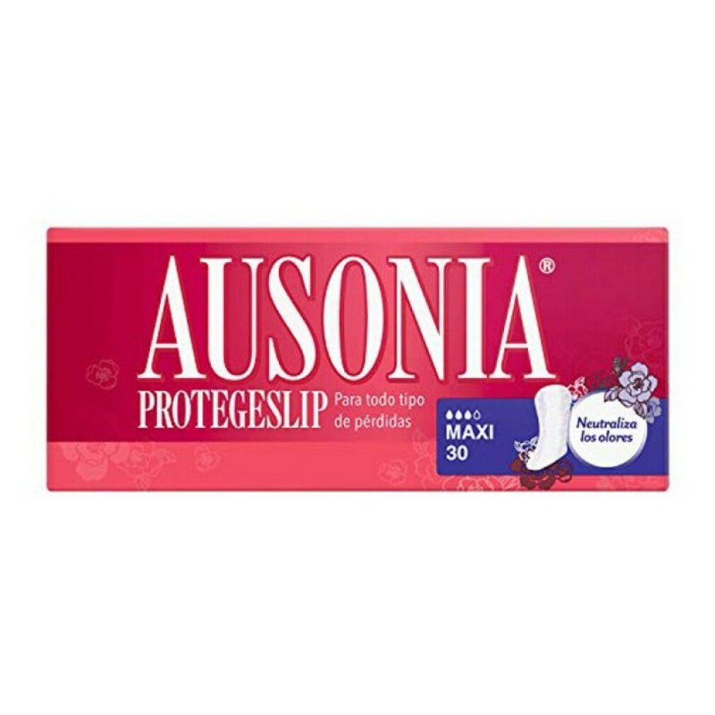 Ausonia Protegeslip Maxi Slipeinlagen, Packung. Rotes Design, Produktabbildung, Text: Maxi 30, Neutraliza los olores.
