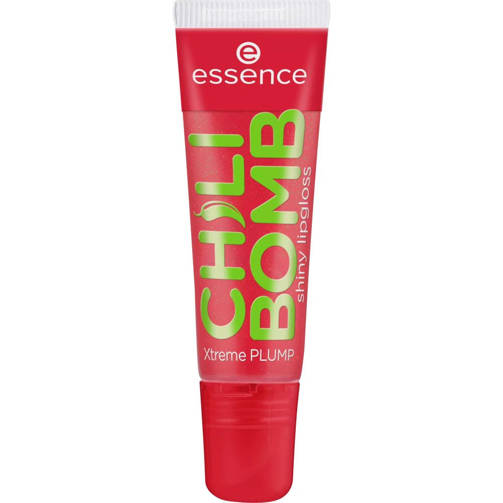 Rote Tube mit "Essence Chili Bomb shiny lipgloss" Schriftzug. Grüner Schriftzug auf rotem Hintergrund. Transparente Spitze.