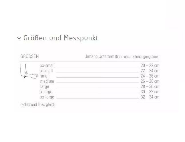 Größentabelle für Ellenbogenbandage. Größen: xx-small bis xx-large. Messpunkt: Unterarmumfang.