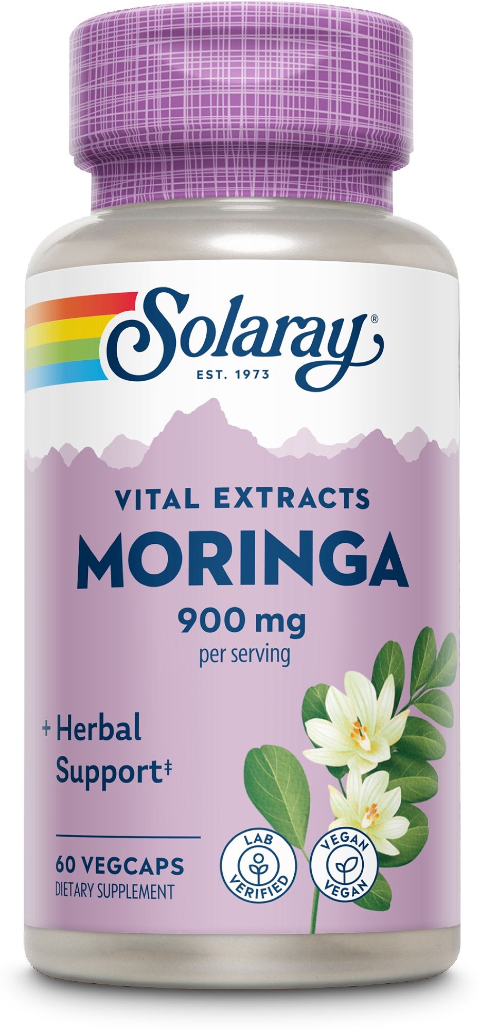 Solaray Moringa Vegacaps Flasche mit 60 Kapseln, 900 mg pro Portion, mit Kräuterunterstützung.