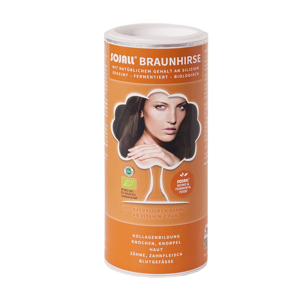 Zylindrische Dose Sojall Braunhirse. Orangefarben, mit Aufschrift und Frauenporträt. Bio-Siegel.