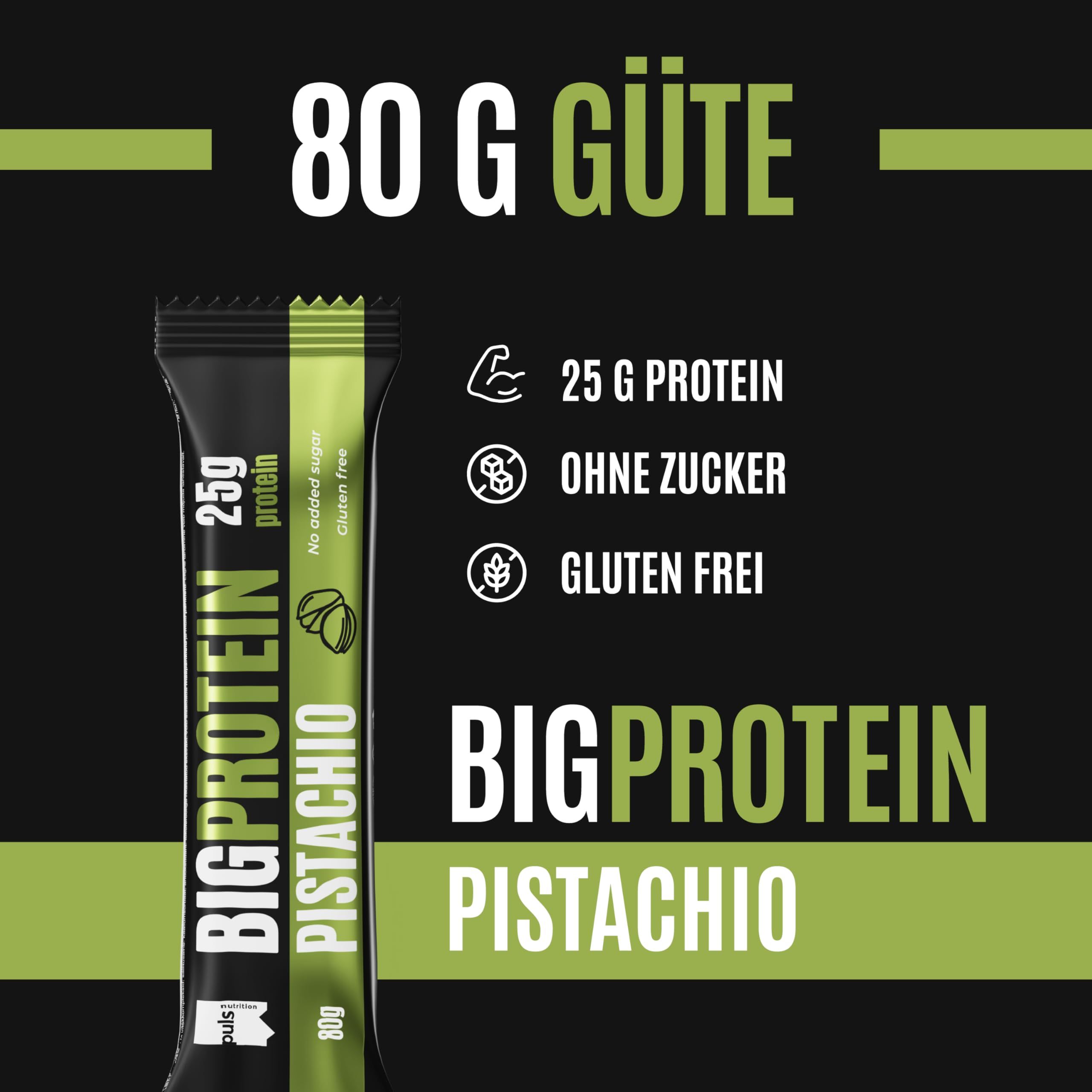 Puls Nutrition Big Protein Riegel Pistazie, 80g. 25g Protein, ohne Zucker, glutenfrei.