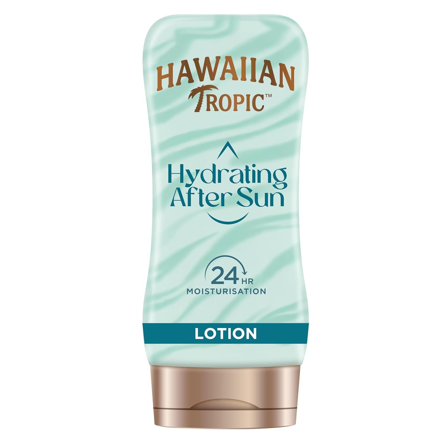 Hawaiian Tropic Hydrating After Sun Lotion. Blau-grüne Flasche mit braunem Deckel. Text: 24hr Moisturisation, Lotion.