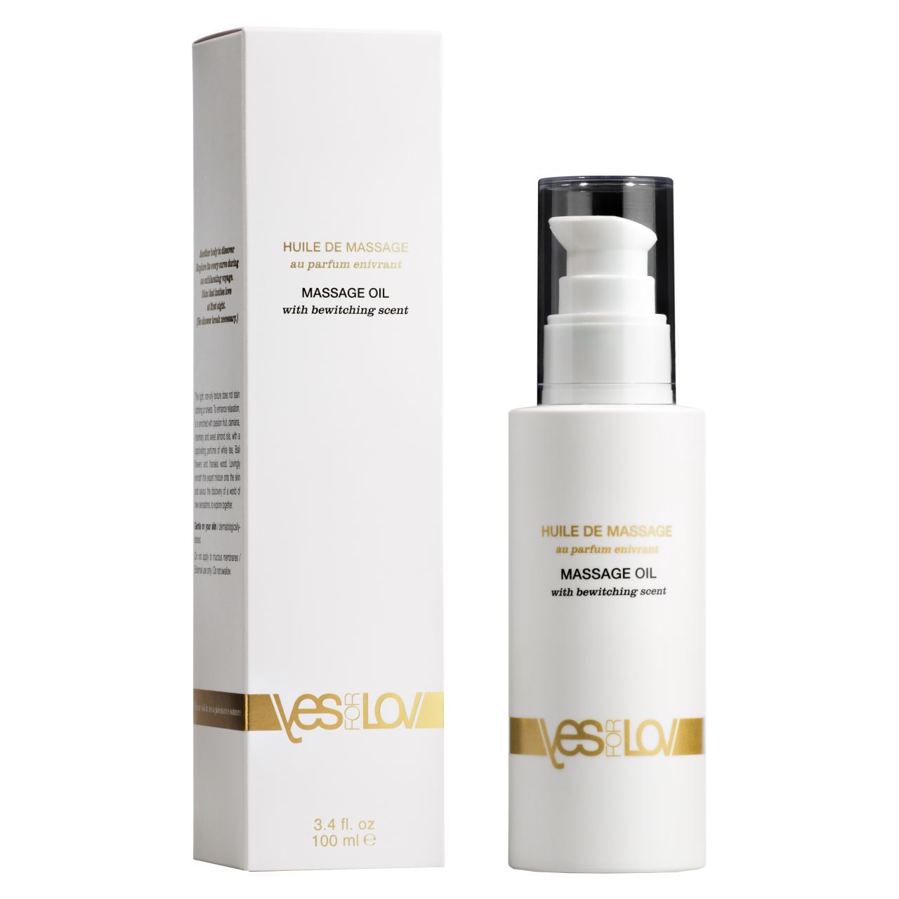 Weiße Flasche und Verpackung. Aufschrift: Massage Oil with bewitching scent. Marke: YESforLOV. 3.4 fl. oz. 100 ml.