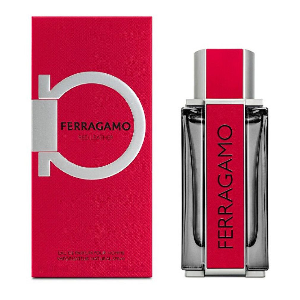 Salvatore Ferragamo Red Leather Eau de Parfum Flakon und Verpackung mit rotem Design und silbernem Gancini-Logo.