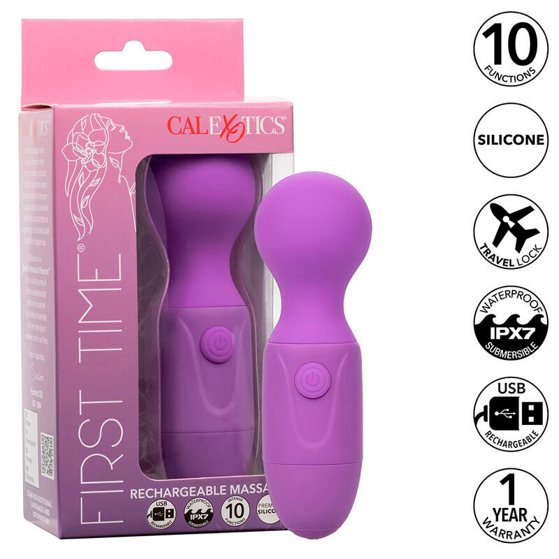 Verpackung mit lila Vibrationsmassager. Text: FIRST TIME, CALEXOTICS. Merkmale: 10 Funktionen, Silikon, wasserdicht, USB.