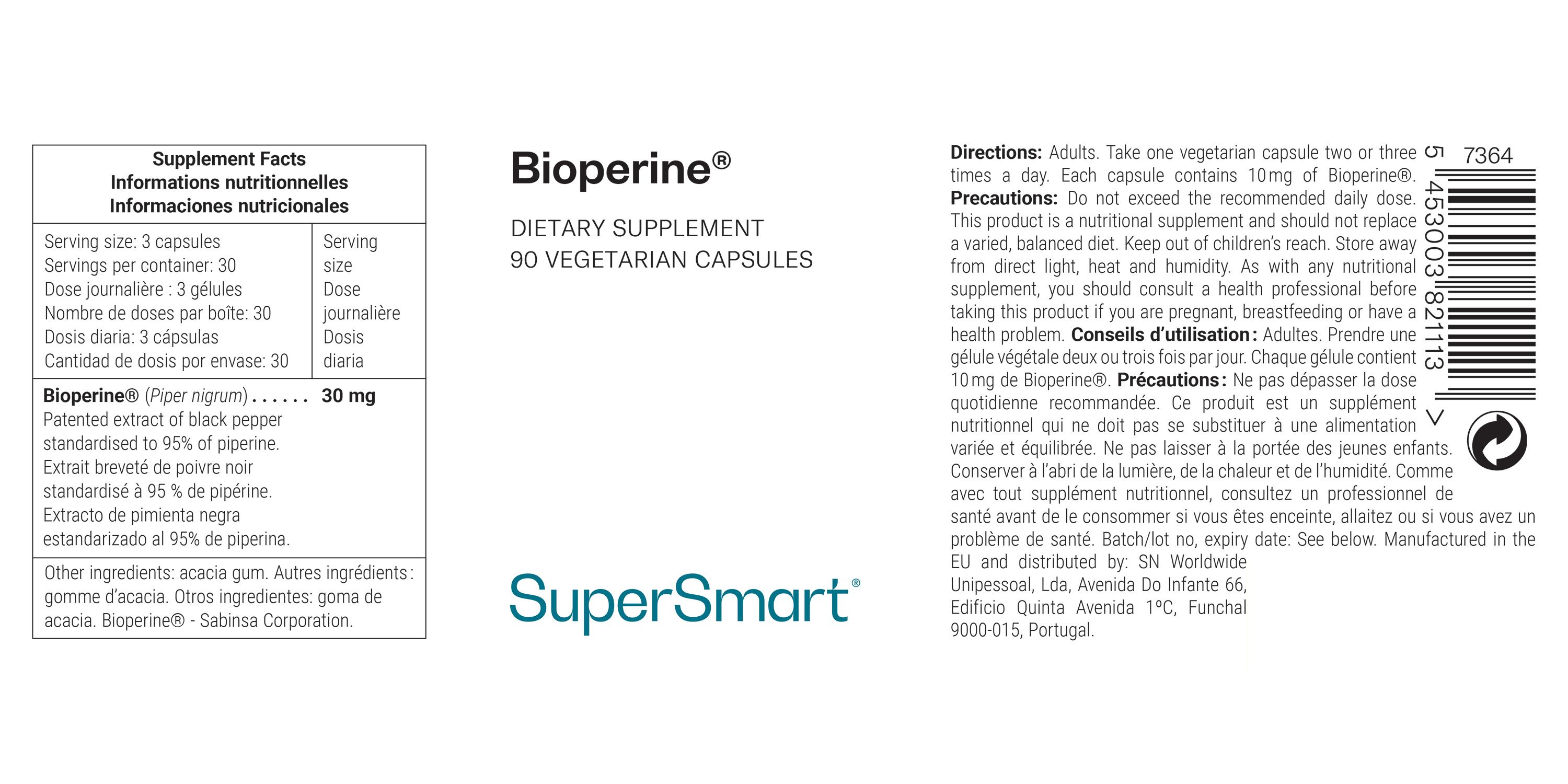 Etikett mit Produktinformationen. Enthält Angaben zu Inhaltsstoffen, Dosierung und Hersteller. Marke: Bioperine® SuperSmart.