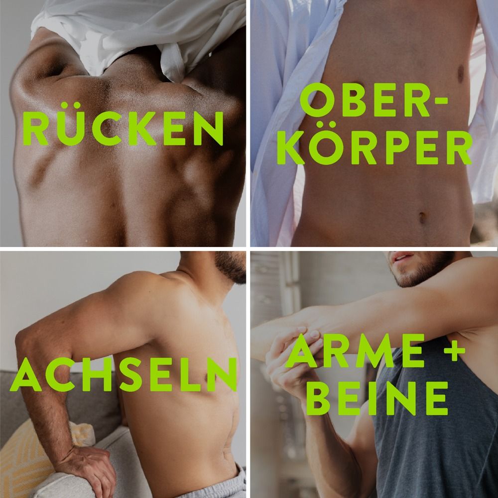 Vier Körperbereiche: Rücken, Oberkörper, Achseln, Arme und Beine für Veet for Men.