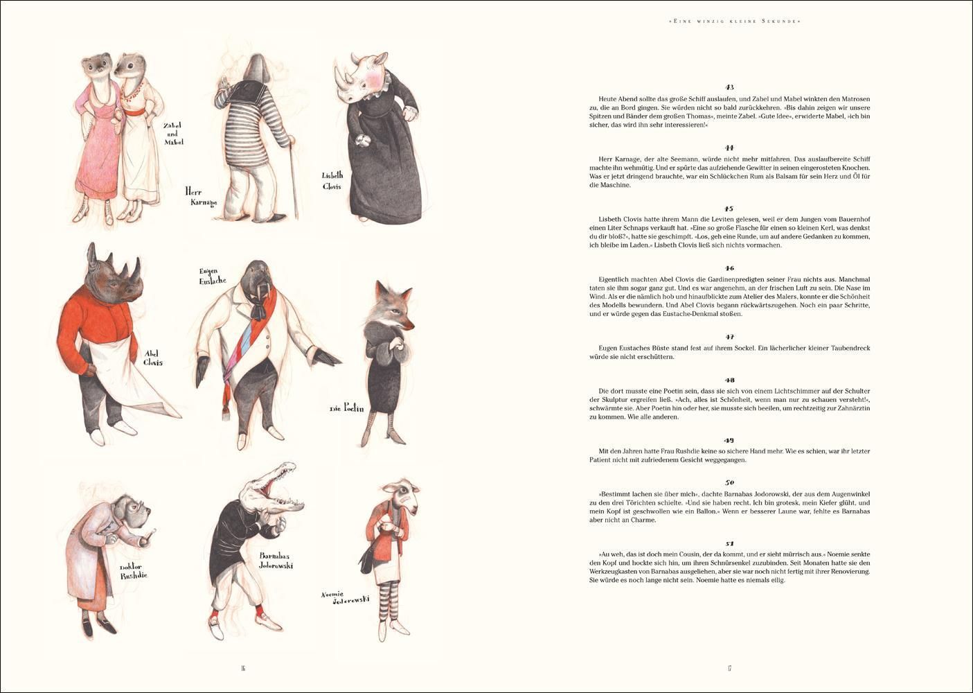 Buch mit Illustrationen. Mehrere Figuren auf einer Seite, Text in deutscher Sprache.