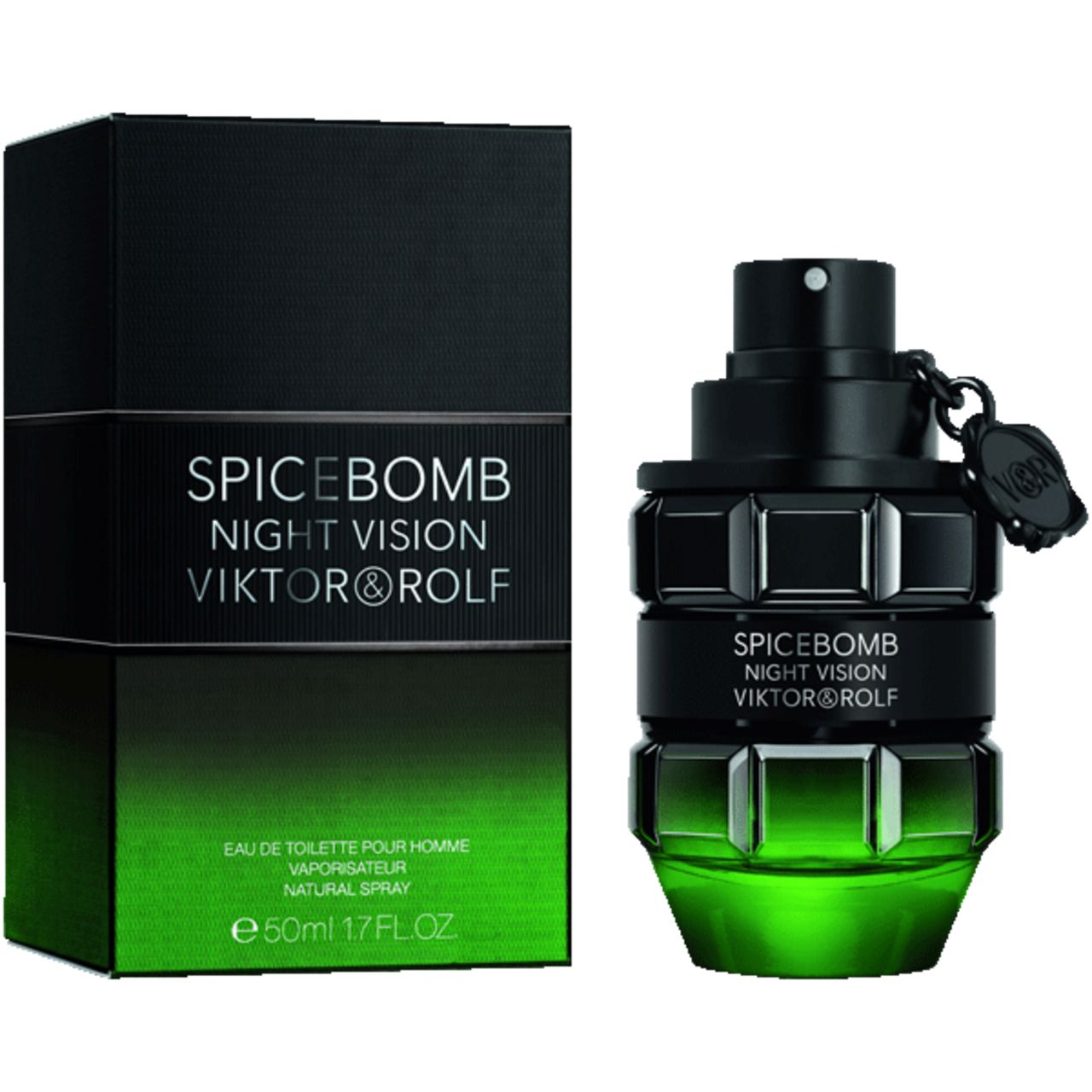 Grüne und schwarze Flasche mit Schachtel. Aufschrift: Spicebomb Night Vision Viktor & Rolf.