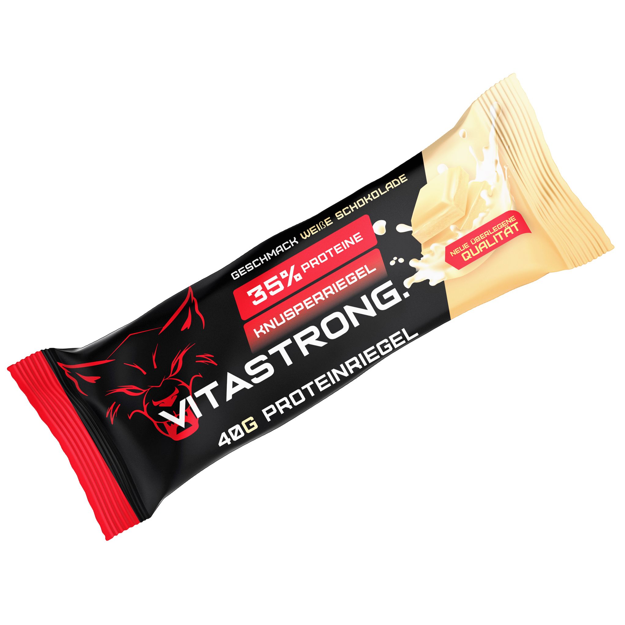 Einzelner Riegel in Verpackung. Schwarze und beige Verpackung mit rotem Akzent. Text: Vitastrong, 35% Protein, 40g Proteinriegel.