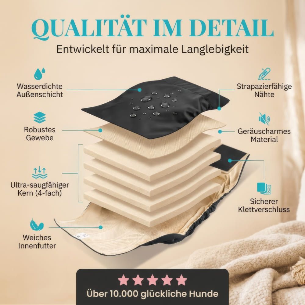 Schnittzeichnung einer Hundewindel. Mehrschichtig, mit wasserdichter Außenschicht und Klettverschluss. Text: Qualität im Detail.