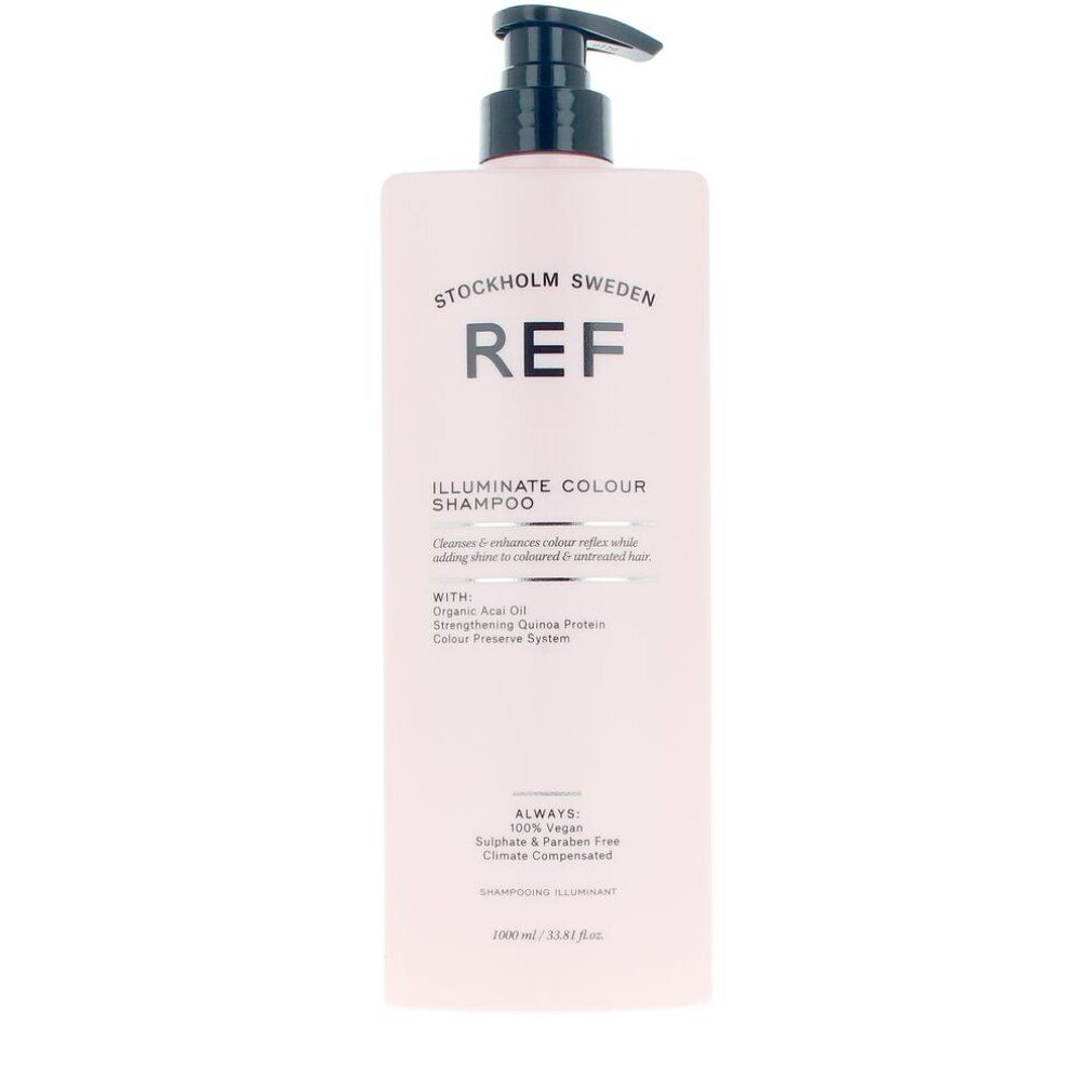 Rosa Shampoo-Flasche mit schwarzem Pumpkopf. Aufschrift: REF, ILLUMINATE COLOUR SHAMPOO. Enthält Bio-Acai-Öl. 100% vegan.