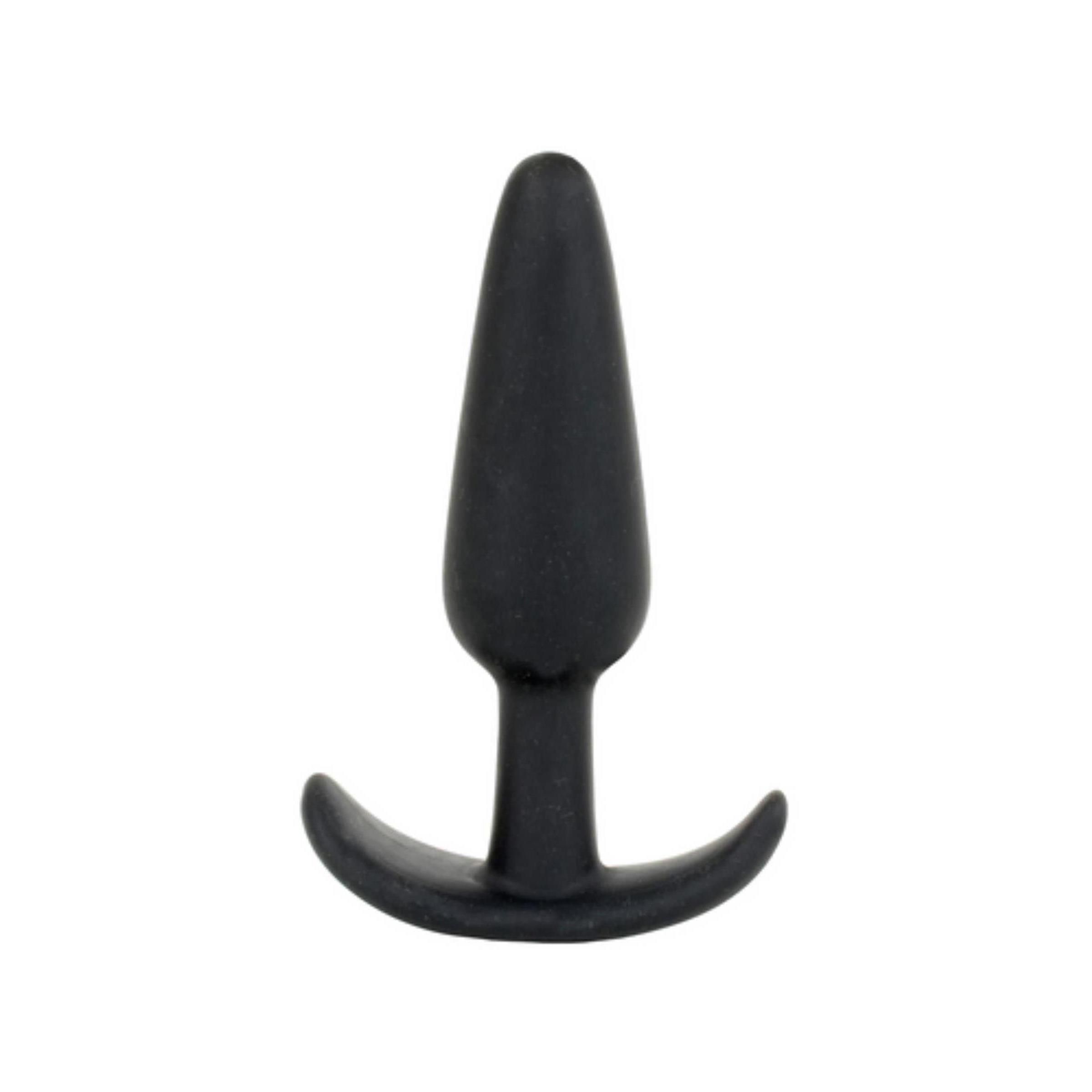 Schwarzer Analplug aus Silikon. Kegelförmiger Kopf, gebogener Griff. Glatte Oberfläche.